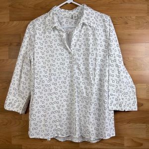 Kim Rogers XL White Buttonup Blouse with a Black Block Print w/3/4 Sleev…
